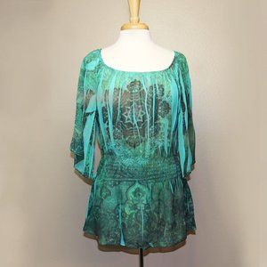 Cato Teal Sublimation Print Shirred Waist Top